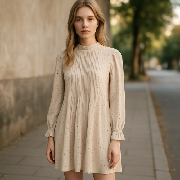 Mod Ref Beige Neutral Pleated Long Sleeve Chiffon Dress NWT Sz S - Picture 1 of 9